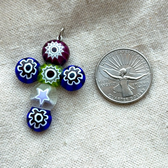 Millefiori Floral Flower Star Art Glass Cross Pendant Necklace Christian Faith + - Picture 3 of 8